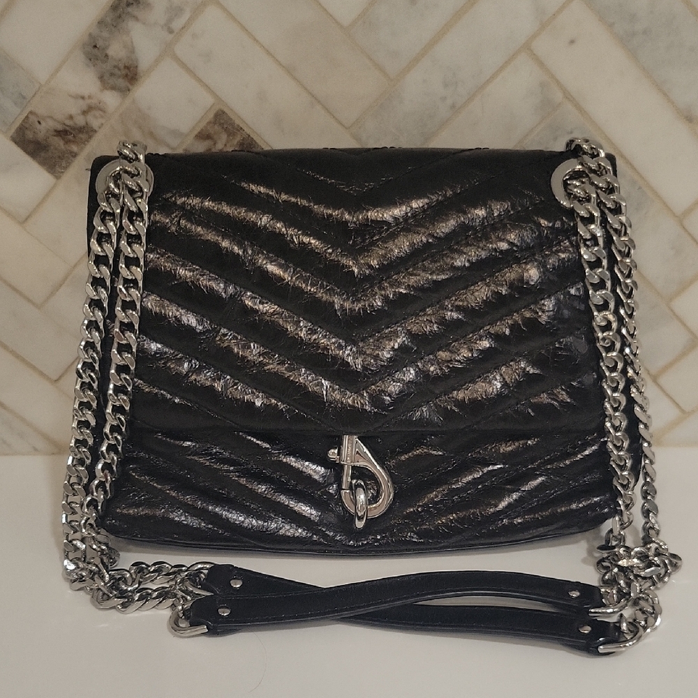 Black Quilted Chevron Shoulder Bag with Silver Chain